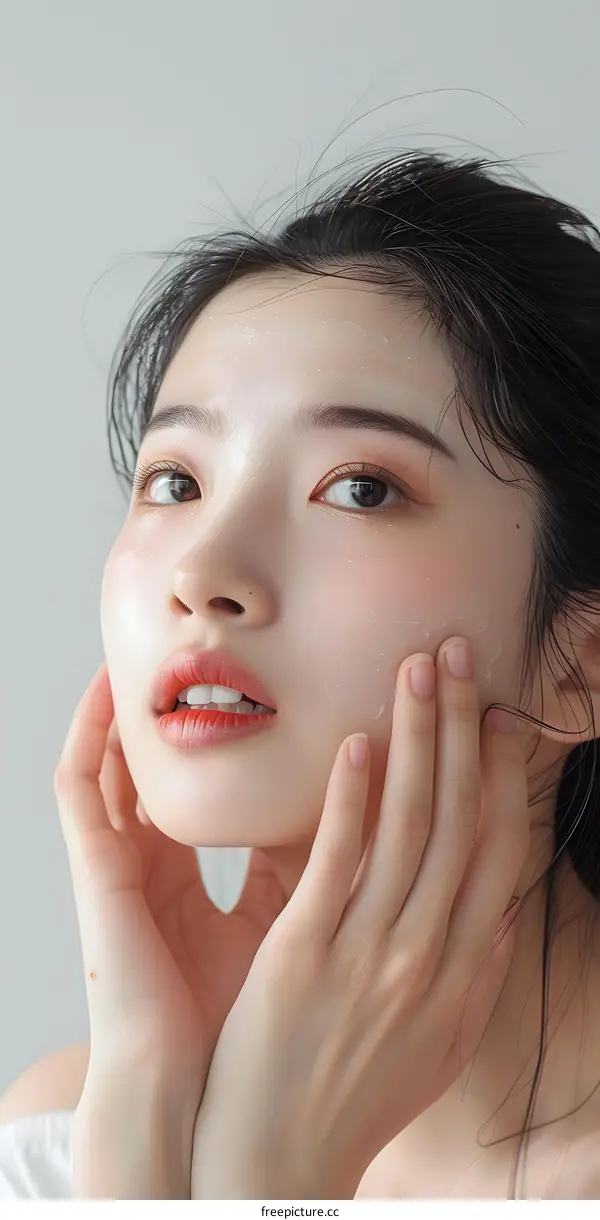 Close up Portrait of Asian Woman with Clear Skin Applying Facial Cream