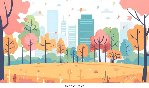 Autumn Cityscape with Colorful Trees and Buildings Illustration