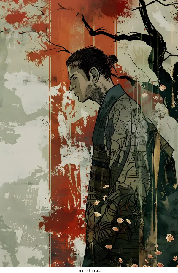 Samurai Warrior with Cherry Blossoms Illustration