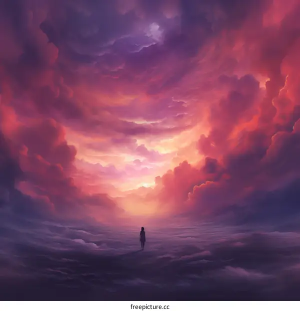 Lonely Girl Standing in the Middle of a Surreal Purple and Pink Cloudy Landscape