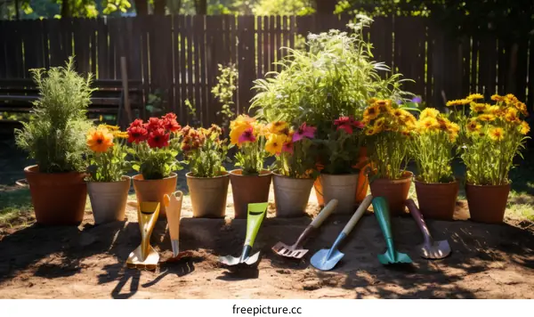Still life of gardening tools and potted plants