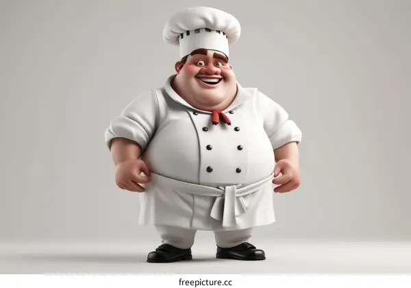 A happy and overweight chef in his restaurant