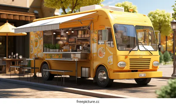 Yellow food truck serving meals on city street