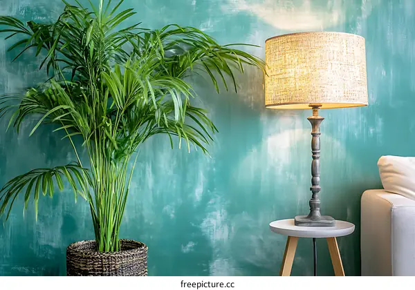 Green Wall With Palm Plant And Table Lamp