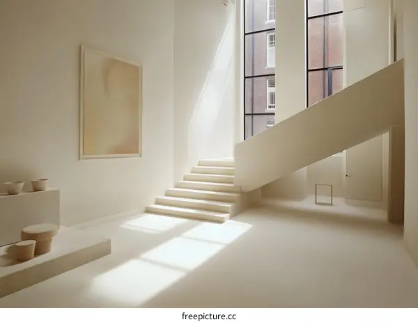 Modern Minimalist Interior Design with Concrete Stairs and Sunlight