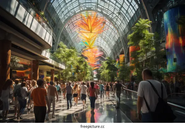 A large crowd of people walking through a shopping mall with glass ceiling