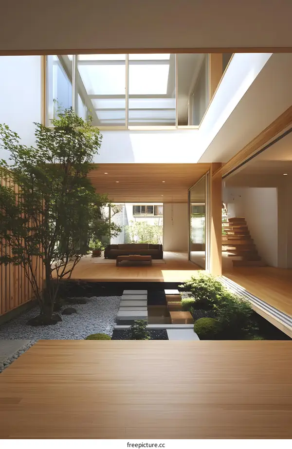 Modern Japanese Home Design With Indoor Garden and Skylight