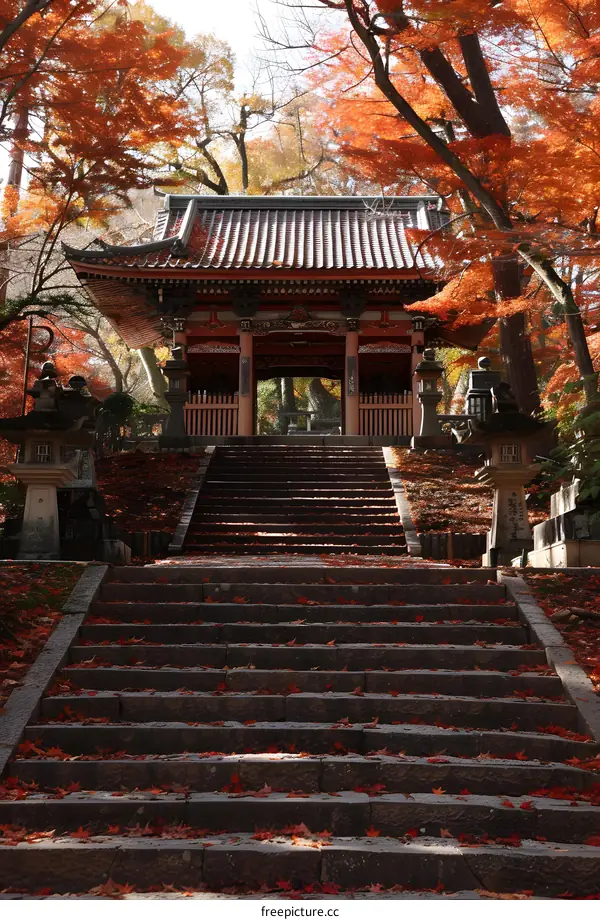 A photo of a temple gate with red leaves in autumn