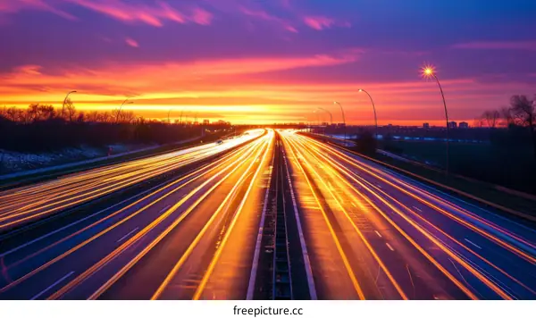 Long exposure photography of a highway at sunset