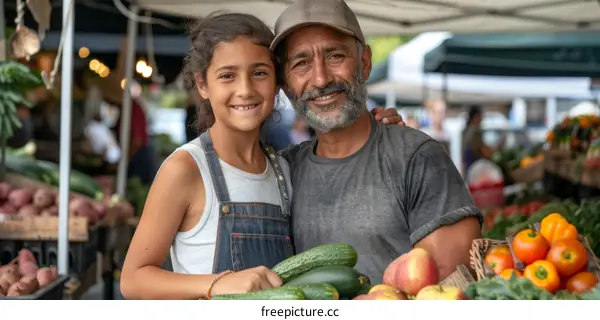 Grandfather and granddaughter at the farmer's market