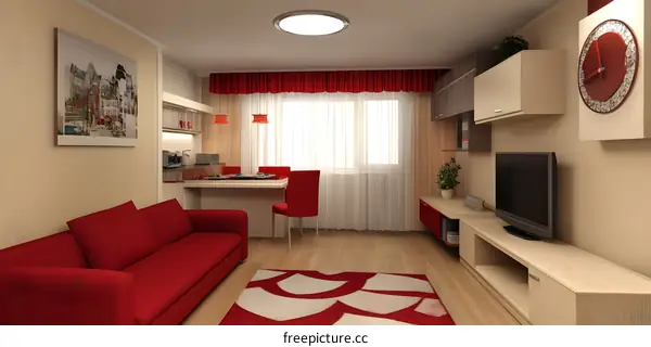 Modern Interior Design Living Room With Red Couch And White Curtains