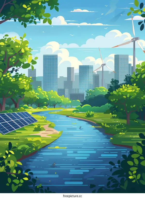 Green City with River and Wind Turbines