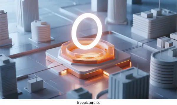 Futuristic Cityscape with Glowing Circular Interface