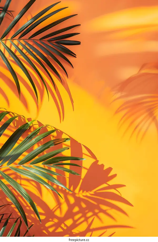 Tropical Palm Leaves with Shadows on Yellow Background