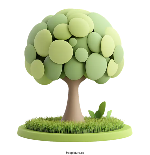 [Transparent Background PNG]Cartoon Tree in Green Grass Illustration
