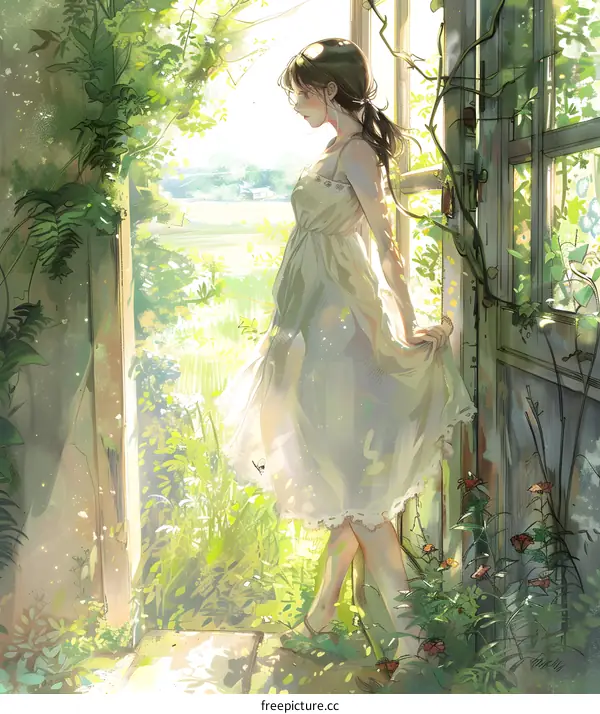 Anime Girl Standing in Front of Door