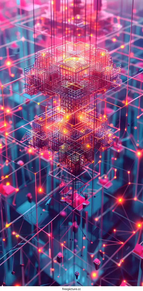 Abstract 3D Render of a Network with Bright Glowing Lights