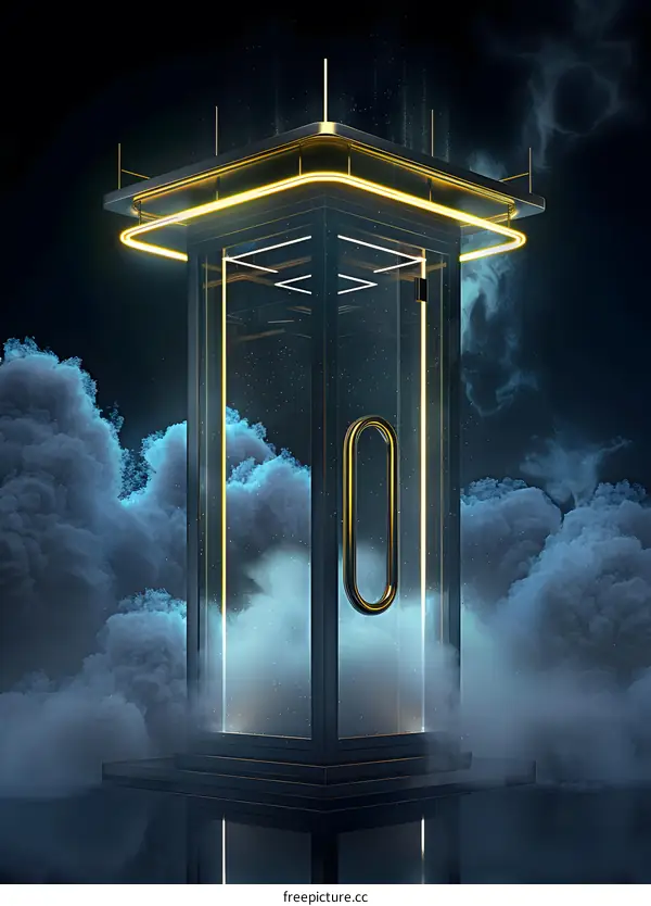 Gold and Blue Glass Cube with Light