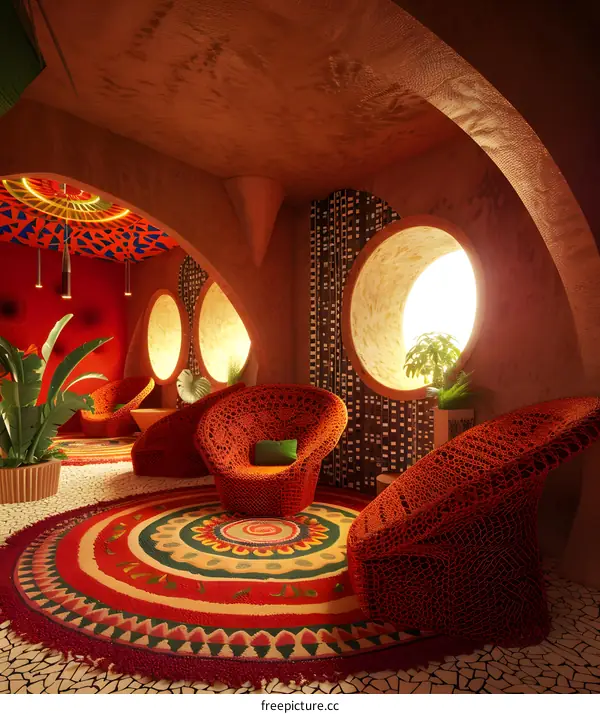 Interior Design with Red and Orange Colors and a Circular Rug