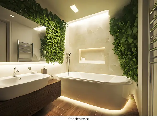Modern Bathroom Interior Design with Green Plants and a Bathtub