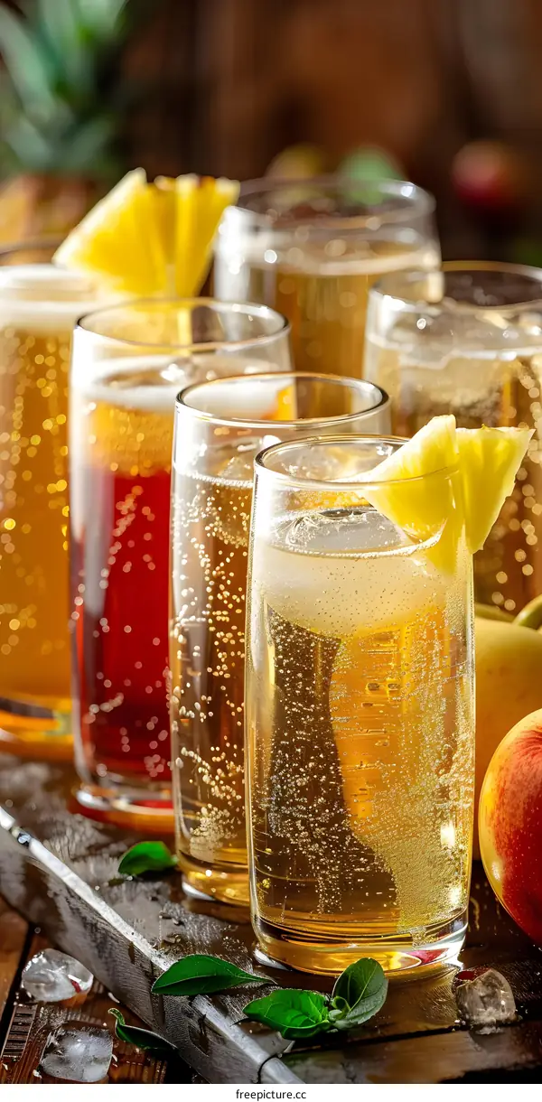 Close Up Of Refreshing Sparkling Apple Cider In Glass With Pineapple Garnish
