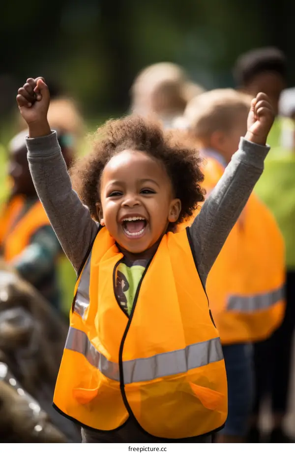 A happy preschool boy with curly hair and wearing an orange safety vest