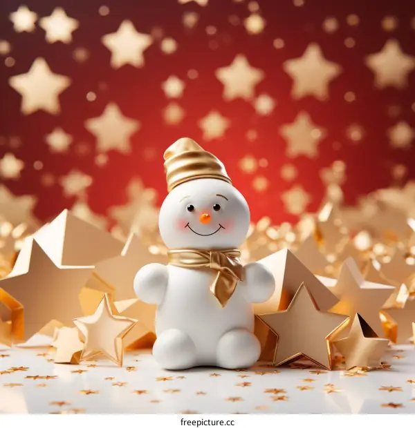3D Render of Snowman with Golden Hat and Scarf on Red Background with Stars