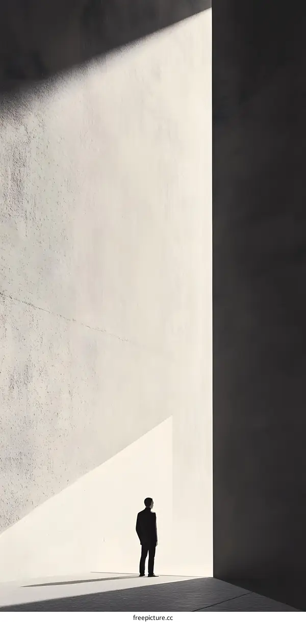 Man in Suit Standing in Bright Light in a Concrete Room