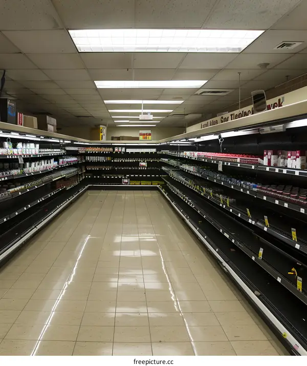 Empty Supermarket Aisle with Shelves