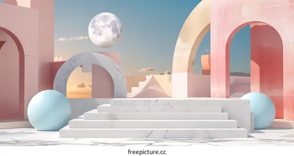 Minimalist 3D Abstract  Architectural Design with Pink, Blue, and White Colors