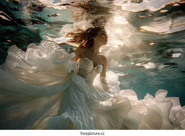 An Underwater Fairytale: Bride in White Dress Swims Gracefully