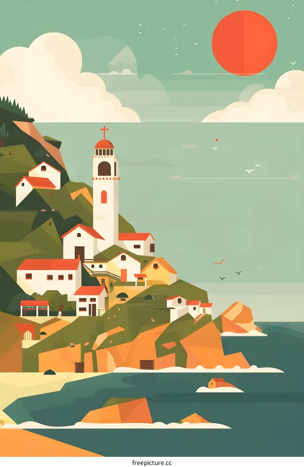 Coastal Village Illustration With Sun and Clouds