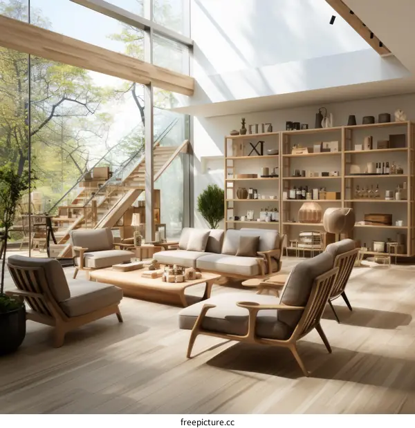 Minimalist Living Room with Large Windows and Wooden Furniture