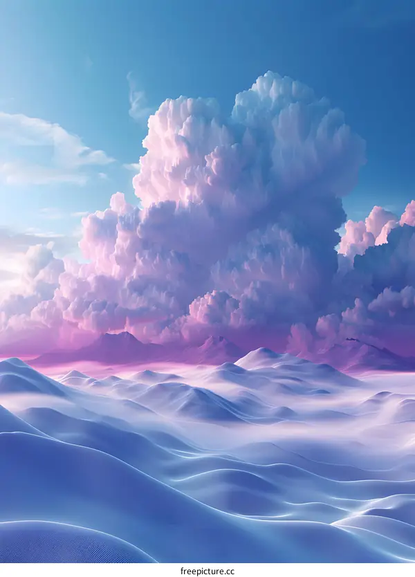 A beautiful landscape with a large pink and white cloud over a mountain range.