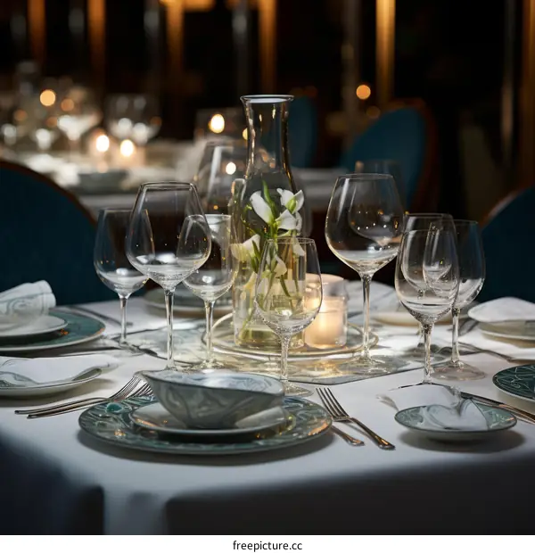 Elegant table setting with wine glasses and flowers
