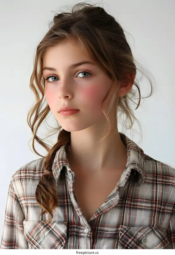 Portrait of a young girl with long brown hair and blue eyes wearing a plaid shirt