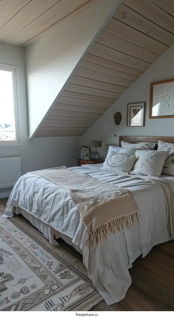 Cozy Modern Minimalist White Bedroom With Wood Ceiling & Warm Accent
