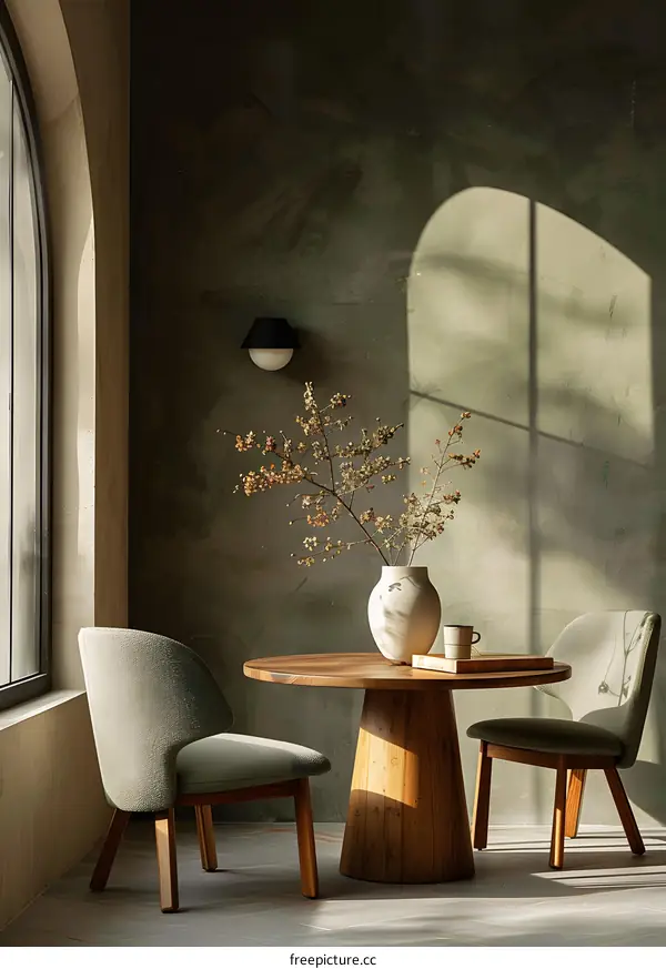 Modern Interior Design with Green Wall and Wooden Table