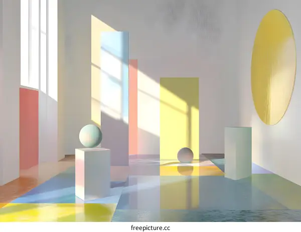 Abstract 3D Room Interior Design with Geometric Shapes and Colorful Walls