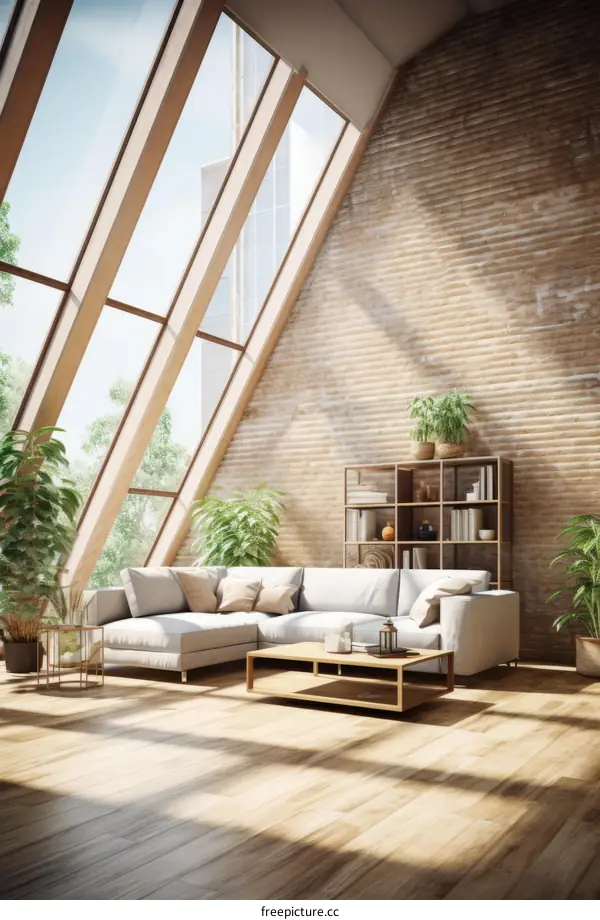 Airy and Bright Living Room with High Ceiling and Large Windows