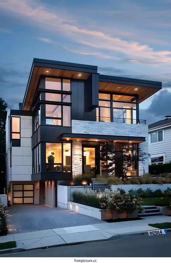 Modern Architecture Home with Stone and Glass Facade