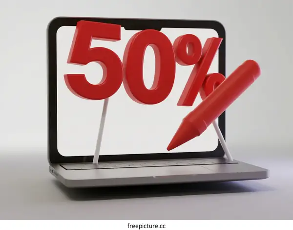 Laptop Screen Displaying Fifty Percent Discount Mark with Red Pen