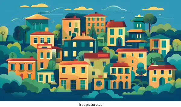 Colorful Illustration of a Town with Houses and Trees