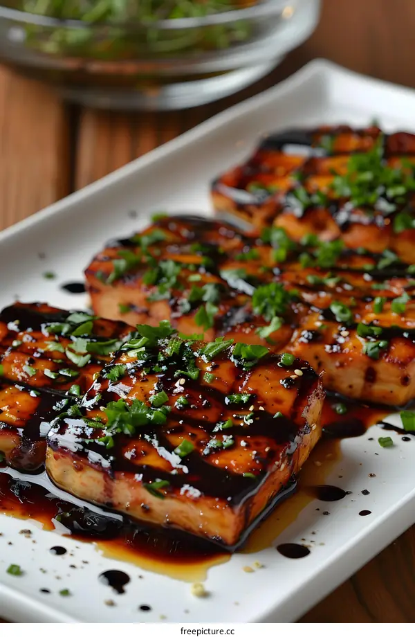 Grilled tofu with balsamic glaze on a white plate