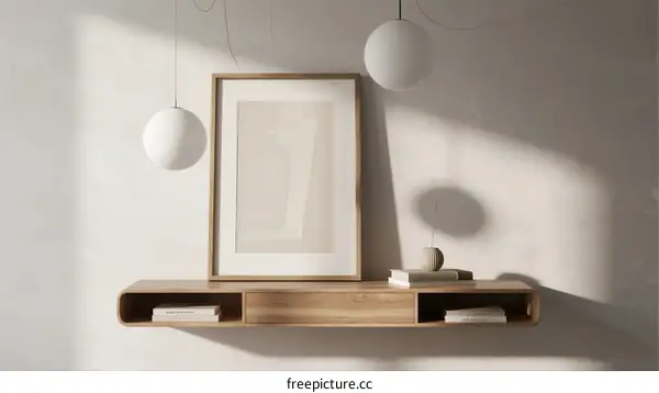 Minimalist Wooden Shelf with Frame and Pendant Lamps in Room