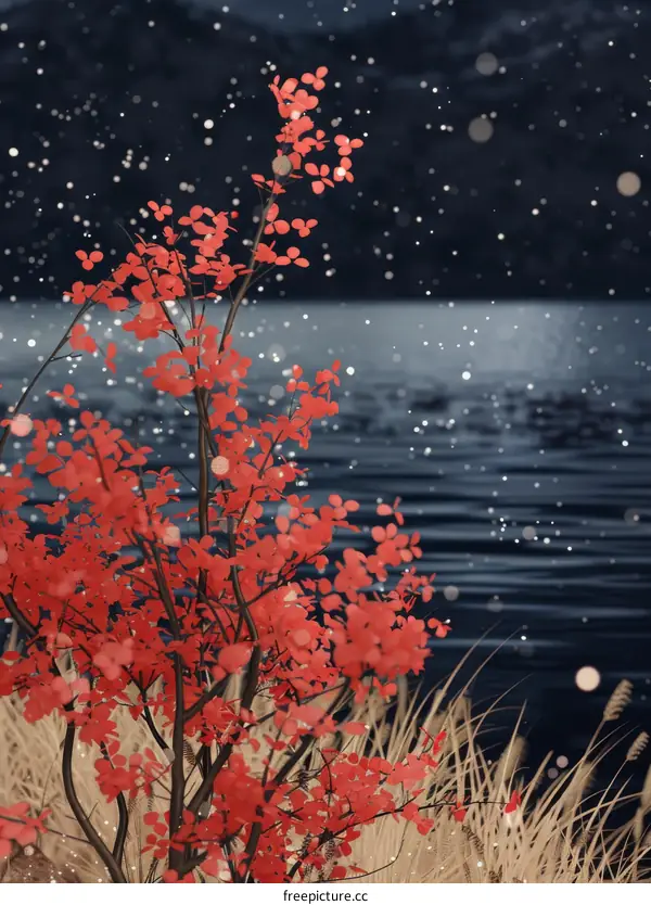Red leaves by the lake in the snow
