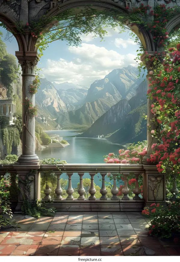 Fantasy Mountain Landscape with Lake View from Terrace