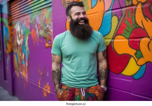 Bearded man in front of colorful mural