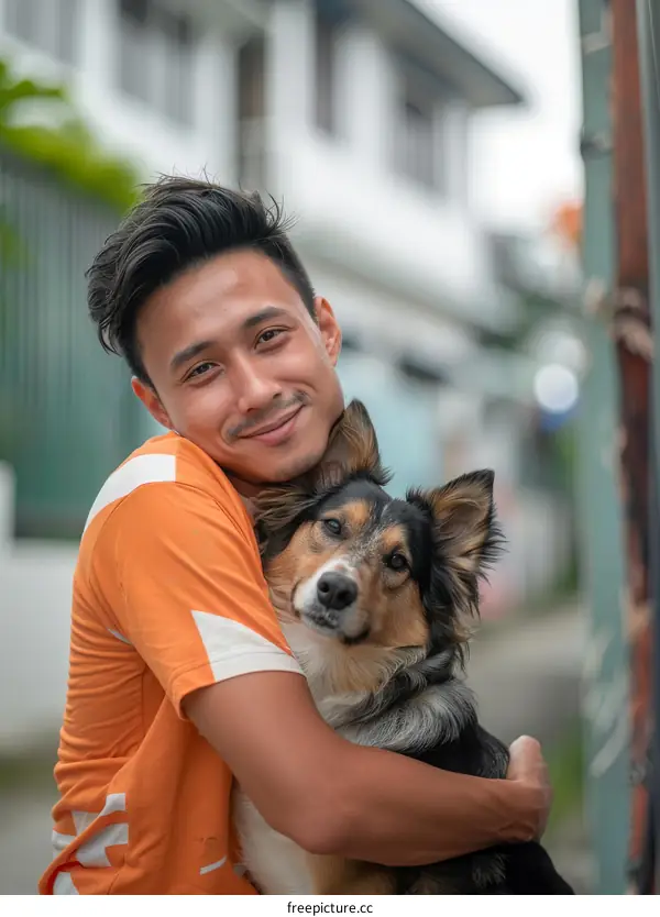 A smiling man hugging a dog