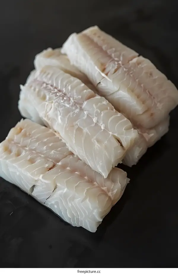 Four pieces of raw white fish fillet on a black background